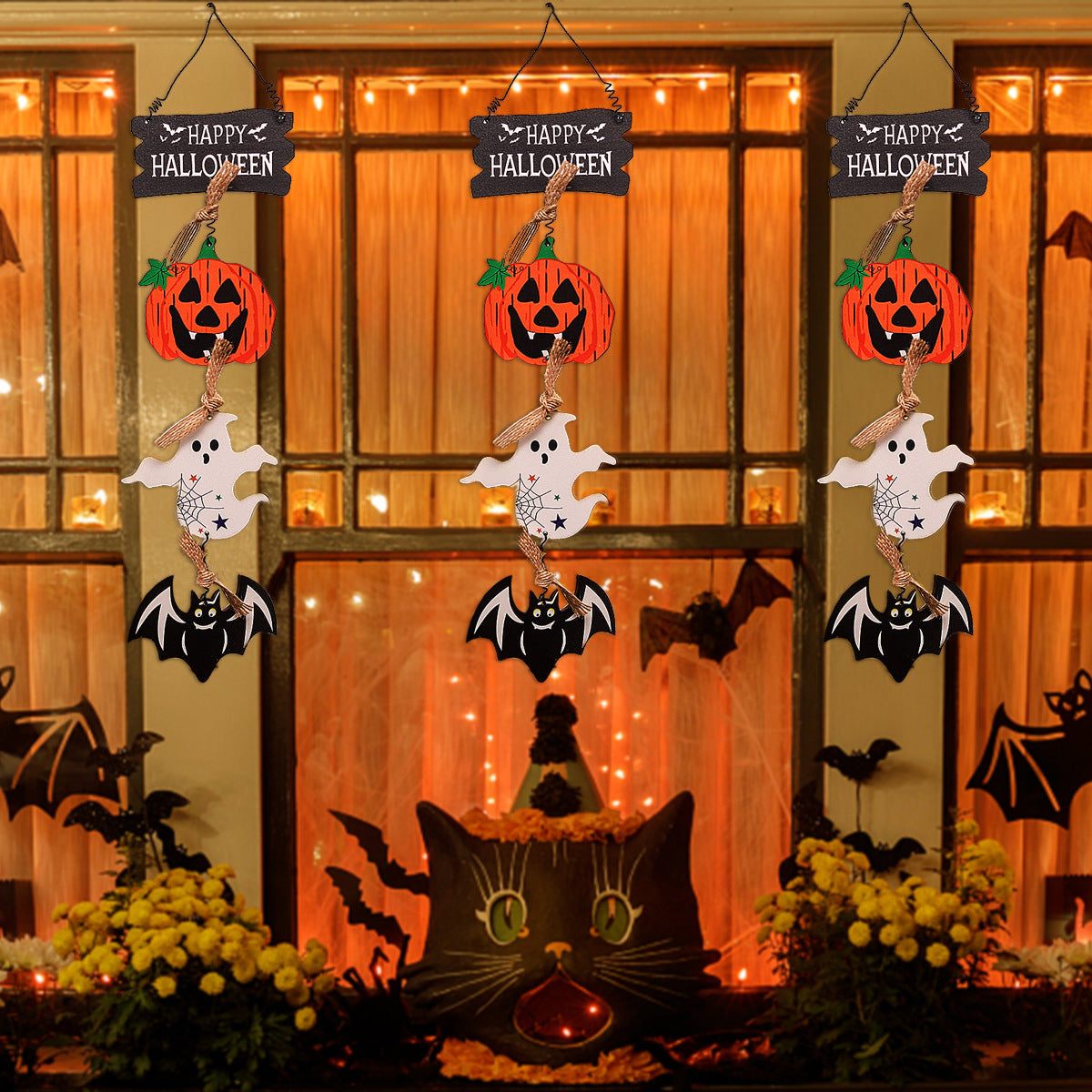 Wholesale Halloween Pumpkin Spooky Wooden Bat Door Plate Hanging Decoration